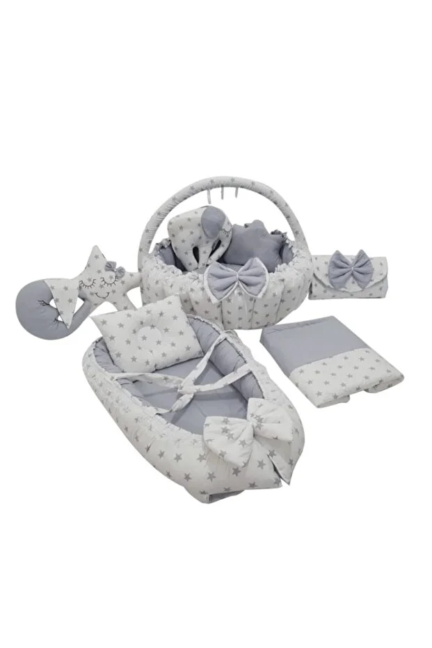  Gri Yıldızlı Tasarım Lüx Babynest Oyun Minderi 11 Parça Set